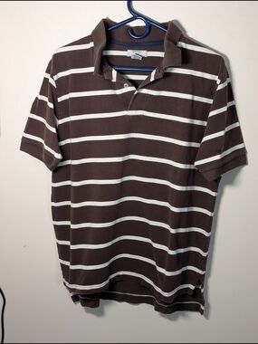 Cuffy's of Cape Cod Men's M Brown White Striped Cotton Polo Shirt Short Sleeve